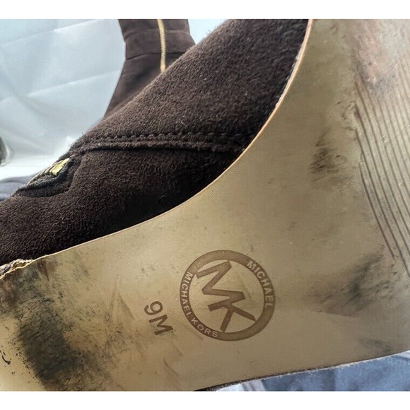 Michael Kors Brown Suede Leather Tall Boots High Heel Gold Emblem Size 9 - Picture 7 of 10